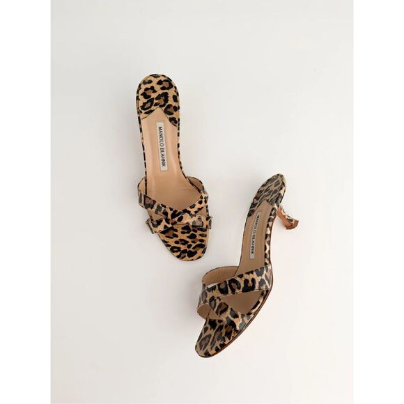 Manolo Blahnik Leopard Print Sandal patent Leather Kitten Heels 38.5 Italy - Picture 5 of 12